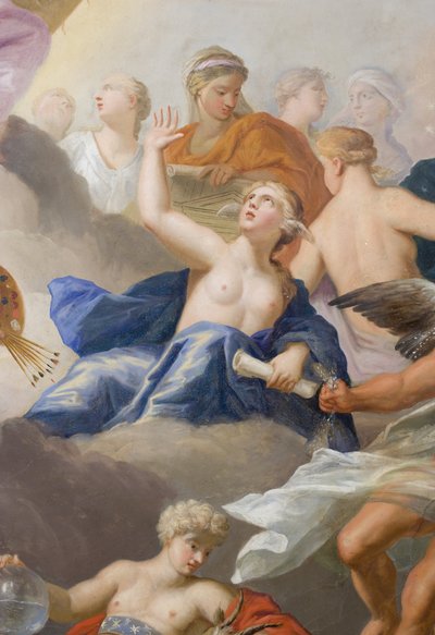 Architektur, die eine Schriftrolle mit einer architektonischen Zeichnung hält, und Winter mit Steinbock (Detail) von Antonio Verrio