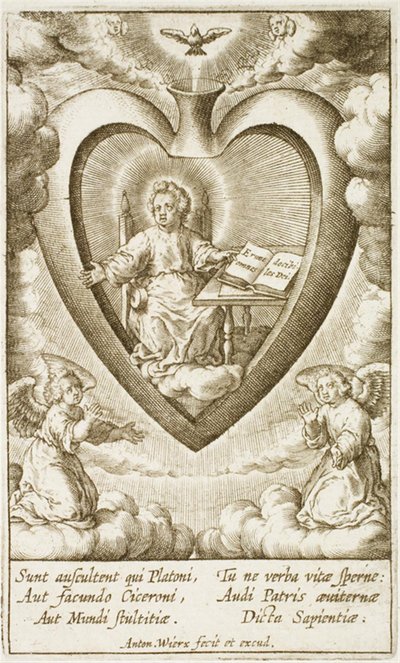 Das Jesuskind sitzt im heiligen Herzen mit einem offenen Buch von Antonius Wierix (II)