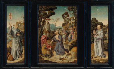 Ein Triptychon: Szenen aus dem Leben des hl. Hieronymus, des hl. Antonius von Padua, des hl. Bernhard von Clairvaux von Antwerp School c. 1525 3