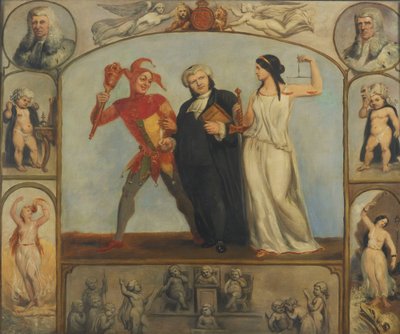 Porträt von Renton Nicholson mit allegorischen Szenen und Figuren von Archibald Henning