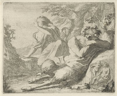 Satyr und Frauenfigur bedecken die Augen vor Sonnenlicht von Arnold Houbraken