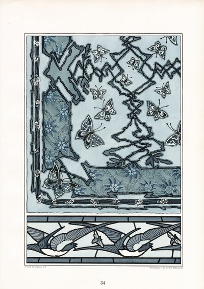 Jugendstil-Dekorationsmuster mit Schwalben und Schmetterlingen von Arnold Lyongrün