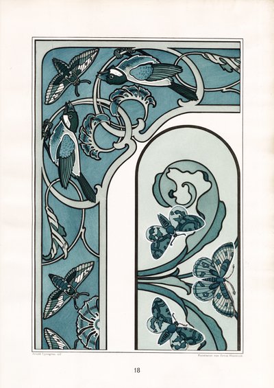 Jugendstil-Rahmenornament mit Vögeln und Motten (Lithografie) von Arnold Lyongrün
