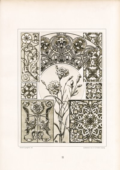 Nelkenmotive und ornamentale Oberflächenmuster in Monochrom von Arnold Lyongrün