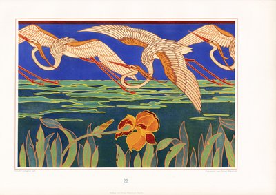 Dekoratives Jugendstilfries mit Reihern über Wasserlandschaft von Arnold Lyongrün