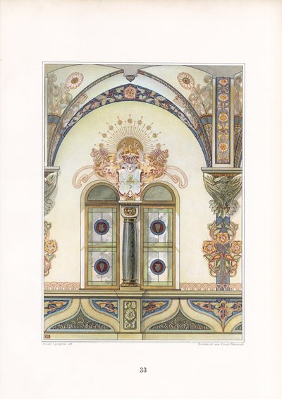 Dekorative Jugendstil-Innenarchitektur mit Bogen und heraldischen Elementen von Arnold Lyongrün