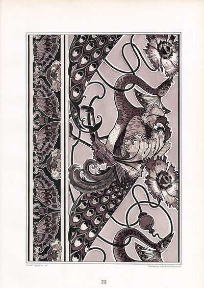 Ornamentrahmen mit Pfauen und Nelken in Monochrom von Arnold Lyongrün