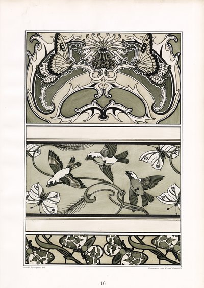 Ornamentale Friese mit Vögeln, Schmetterlingen und Blumenmotiven von Arnold Lyongrün
