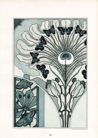 Pfauenfeder-Ornament mit Schmetterlingen und Tulpen von Arnold Lyongrün
