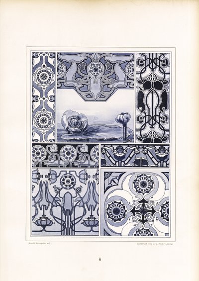 Mohnmotive und geometrische Ornamente in Blautönen von Arnold Lyongrün