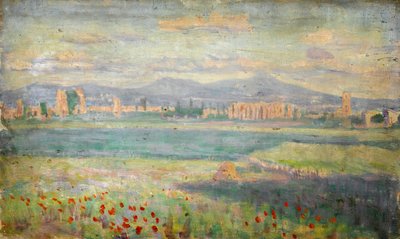 Mittelmeerlandschaft mit Mohnblumen im Vordergrund und ummauerter Stadt im Hintergrund von Arthur Haythorne Studd