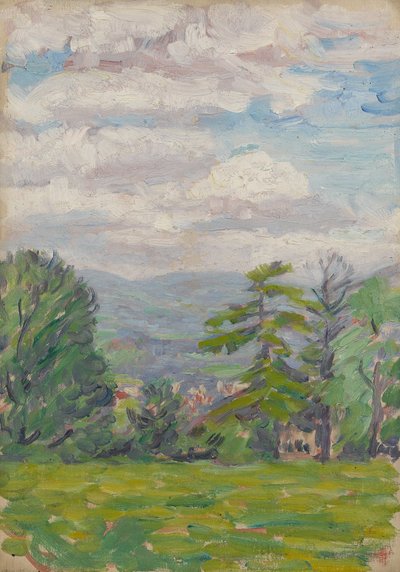 Blick durch Wiese und Baum mit Tal dahinter von Arthur Haythorne Studd