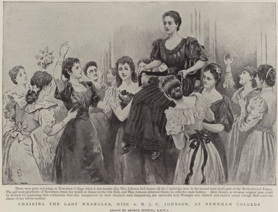 Die Lady Wrangler, Miss A M J E Johnson, in Newnham College, Cambridge, wird auf den Schultern getragen von Arthur Hopkins