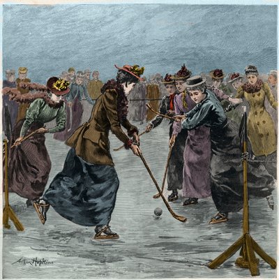 Eishockey: Ein Damenmatch auf dem See im Wimbledon Park (spätere Kolorierung) von Arthur Hopkins