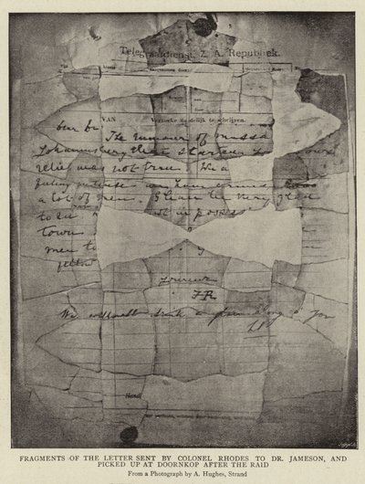 Fragmente des Briefes von Colonel Rhodes an Dr. Jameson, gefunden in Doornkop nach dem Überfall von Arthur Hughes
