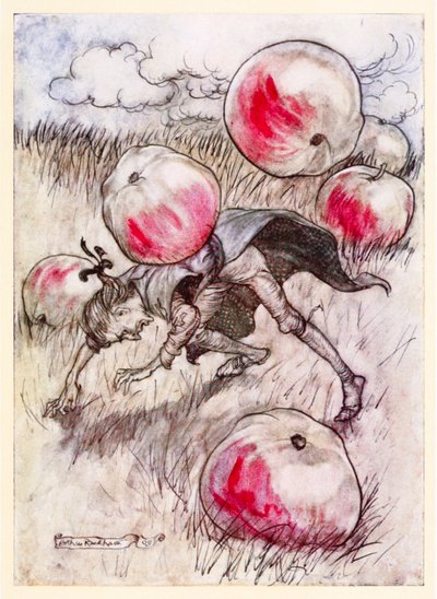 Äpfel fielen mir um die Ohren, aus Teil II: Eine Reise nach Brobdingnag in Gullivers Reisen von Jonathan Swift von Arthur Rackham