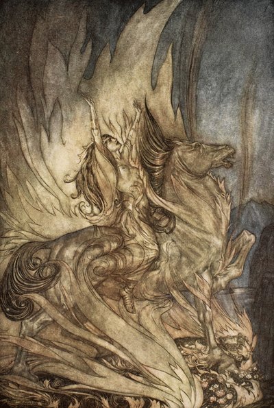 Brunnhilde auf Grane springt auf den Scheiterhaufen von Siegfried, Illustration aus 