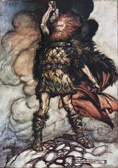 Donner, dein Herr, ruft seine Heerscharen! Illustration für Das Rheingold und Die Walküre von Richard W von Arthur Rackham