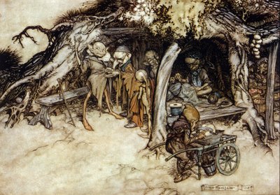 Elfen machen eine Jacke. Illustration von Arthur Rackham (1867-1939) für Ein Sommernachtstraum von William Shakespeare von Arthur Rackham
