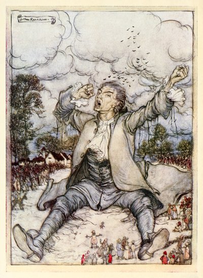 Gulliver wird von den Fäden befreit, erhebt sich und streckt sich, aus Teil I: Eine Reise nach Lilliput in Gullivers Reisen von Jonathan Swift von Arthur Rackham