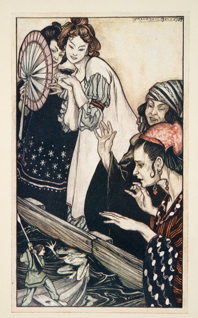 Gullivers Begegnung mit dem Frosch, aus Gullivers Reisen von Jonathan Swift (1667 - 1745), veröffentlicht 1909 von Arthur Rackham