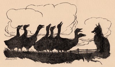 Illustration von Arthur Rackham aus Grimms Märchen, Der Fuchs und die Gänse von Arthur Rackham