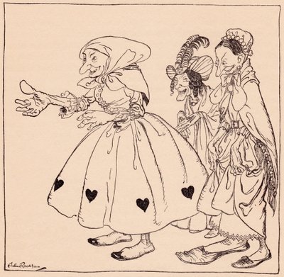 Es kamen die drei Frauen herein, die auf die seltsamste Weise gekleidet waren. Illustration von Arthur Rackham aus Grimms Märchen, Die drei Spinnerinnen. von Arthur Rackham