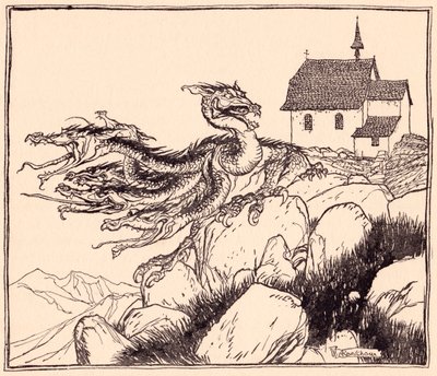 Es dauerte nicht lange, bis der siebenköpfige Drache laut brüllend kam. Illustration von Arthur Rackham aus Grimms Märchen Die zwei Brüder. von Arthur Rackham