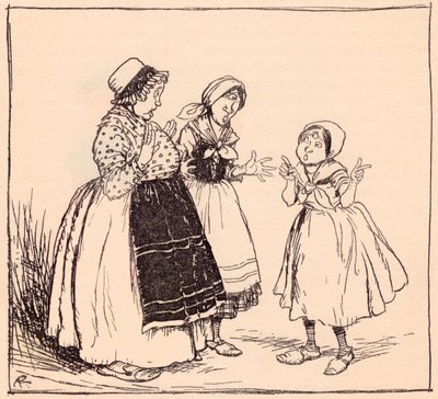 Jetzt weiß ich, warum dieses eingebildete Ding dort nicht isst. Illustration von Arthur Rackham aus Grimms Märchen Einäuglein, Zweiäuglein und Dreiäuglein. von Arthur Rackham