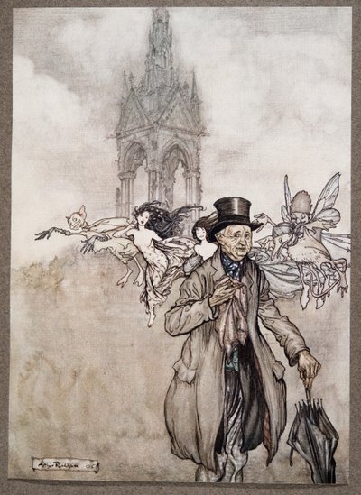 Der alte Herr Salford war ein mürrischer alter Herr, der den ganzen Tag in den Gärten umherwanderte, aus Peter Pan in Kensington Gardens von J M Barrie, veröffentlicht 1906 von Arthur Rackham