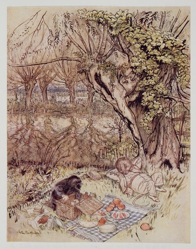 Der Maulwurf bat als Gefallen, alles selbst auspacken zu dürfen, aus Wind in den Weiden von Kenneth Grahame (1859 - 1932), veröffentlicht 1940 von Arthur Rackham