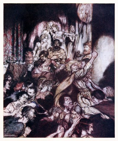 Der Bankettsaal war in Aufruhr. aus The Little Brawl in Irish Fairy Tales von Arthur Rackham