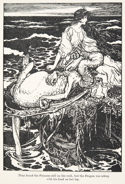 Sie fanden die Prinzessin noch auf dem Felsen, aber der Drache schlief mit seinem Kopf auf ihrem Schoß, aus den Märchen der Brüder Grimm, veröffentlicht 1909 von Arthur Rackham