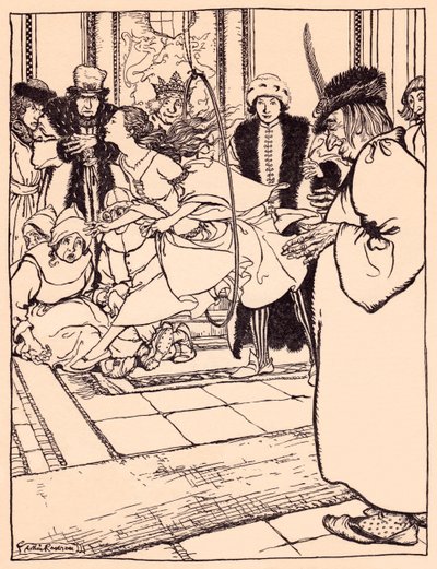 Das hübsche Mädchen sprang so leicht wie ein Reh durch den Reifen. Illustration von Arthur Rackham aus Grimms Märchen, Die drei Federn. von Arthur Rackham