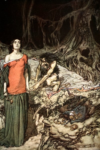 Das Werben um Grimhilde, die Mutter von Hagen von Arthur Rackham