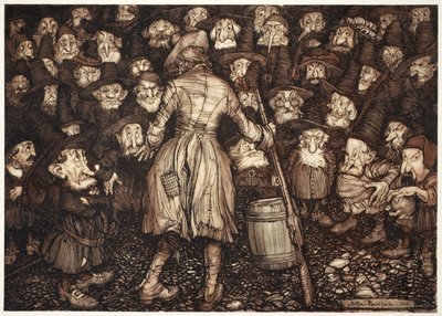 Sie starrten ihn mit einem so festen, statuenhaften Blick an, dass ihm das Herz in der Brust umdrehte und seine Knie zusammenstießen., aus Rip Van Winkle von Washington Irving, veröffentlicht 1910 von Arthur Rackham