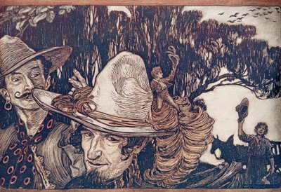 Als Tom sich von seinem Vater verabschiedet hatte, gingen sie mit ihm weg, aus Die Märchen der Brüder Grimm, veröffentlicht 1909 von Arthur Rackham