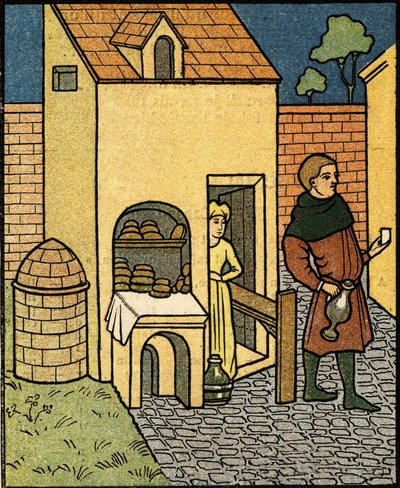 Eine Bäckerei im 16. Jahrhundert. nach einer Miniatur der Zeit. von Artist Unknown
