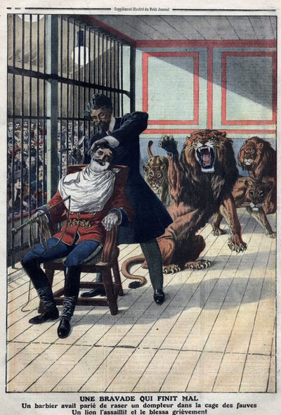 Ein Bravado, das schlecht endet: Ein Barbier, der wettete, einen Dompteur im Käfig der Tiere zu rasieren von Artist Unknown