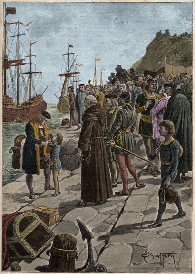 Abfahrt von Christoph Kolumbus und seinen Gefährten aus dem Hafen von Palos in Spanien am 3. August von Artist Unknown