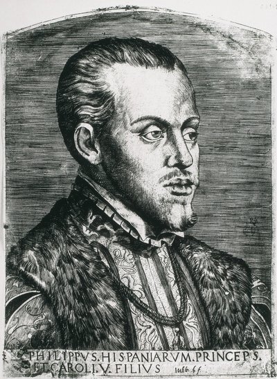 PHILIP II von Spanien (1527-1598). König von Spanien (1556-1598) und Portugal (1580-1598). Porträt von Philipp noch als Prinz. Xylographie. von Artist Unknown