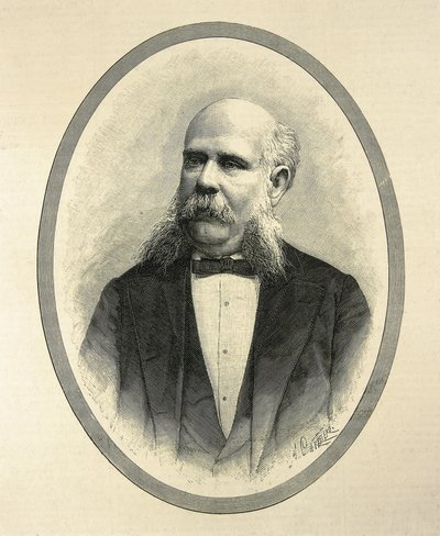 RIUS I TAULET, Francesc de Paula (1833-1889). Spanischer Anwalt und Politiker. Bürgermeister von Barcelona und Förderer der Weltausstellung 1888 in Barcelona. Porträt veröffentlicht in „La Ilustracion Espanola y Americana“ von A. Carretero. Gravur. von Artist Unknown