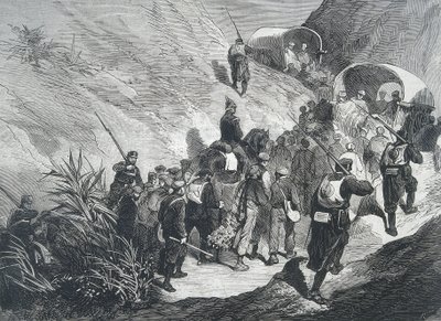 Spanien. Dritter Carlistenkrieg. Carlisten-Gefangene überqueren die Berge in Emporda (Katalonien) von Artist Unknown