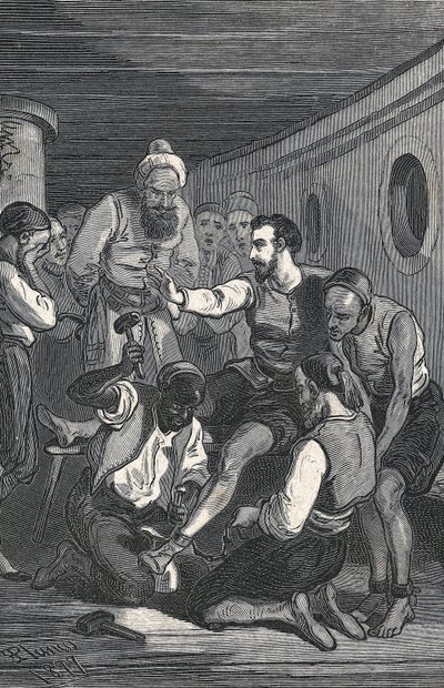 Die Trinidadianer Fray Juan Gil und Fray Anton de la Bella befreiten Cervantes 1580 aus der Gefangenschaft in Algier (Stich) von Artist Unknown