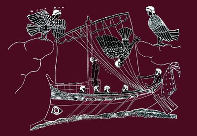Odysseus und die Meerjungfrauen versuchen, das Schiff der Seeleute anzulocken. Odysseus bindet sich an den Mast seines Bootes und verschließt die Ohren seiner Gefährten. Zeichnung nach einem Gemälde auf einer Vase von Artist Unknown