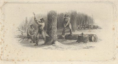 Banknoten-Vignette zeigt Holzfäller, die Bäume in einem verschneiten Wald fällen, ca. 1824-37 von Asher Brown Durand.