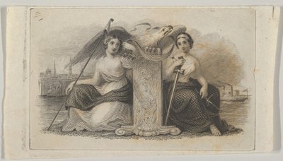 Banknoten-Vignette mit weiblichen Figuren, die Freiheit und Gerechtigkeit darstellen von Asher Brown Durand.