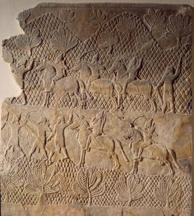 Kampfszene. Flachrelief aus dem Palast von Assurbanipal, Assyrien (7. Jahrhundert v. Chr.). Paris, Louvre Museum von Assyrian