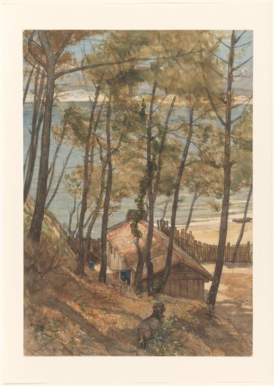Blick von einem Hügel auf ein Haus an der Bucht von Arcachon von August Allebe