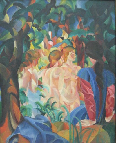 Badende Mädchen mit Stadt im Hintergrund von August Macke